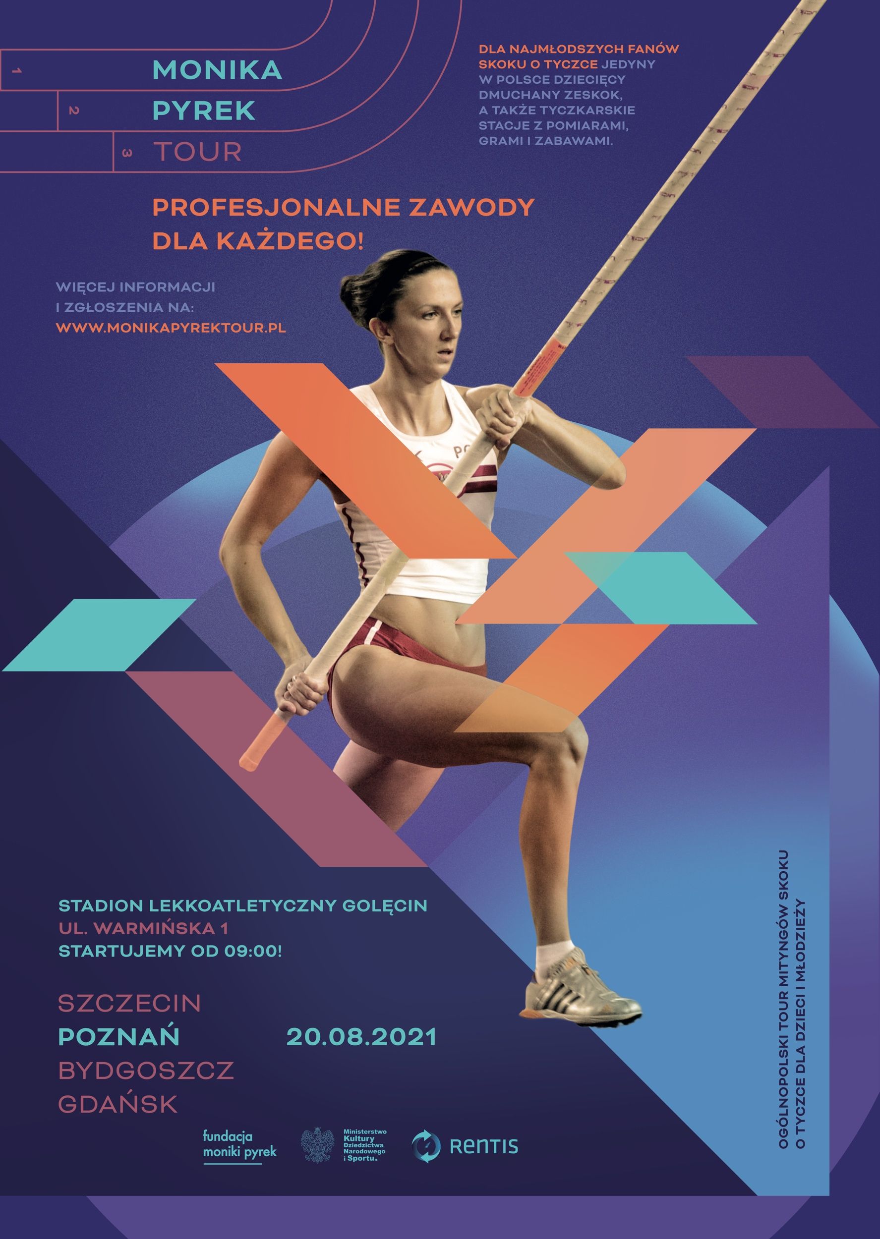 Plakat imprezy - Monika Pyrek biegnąca z tyczką oraz informacje na temat daty i miejsca wydarzenia