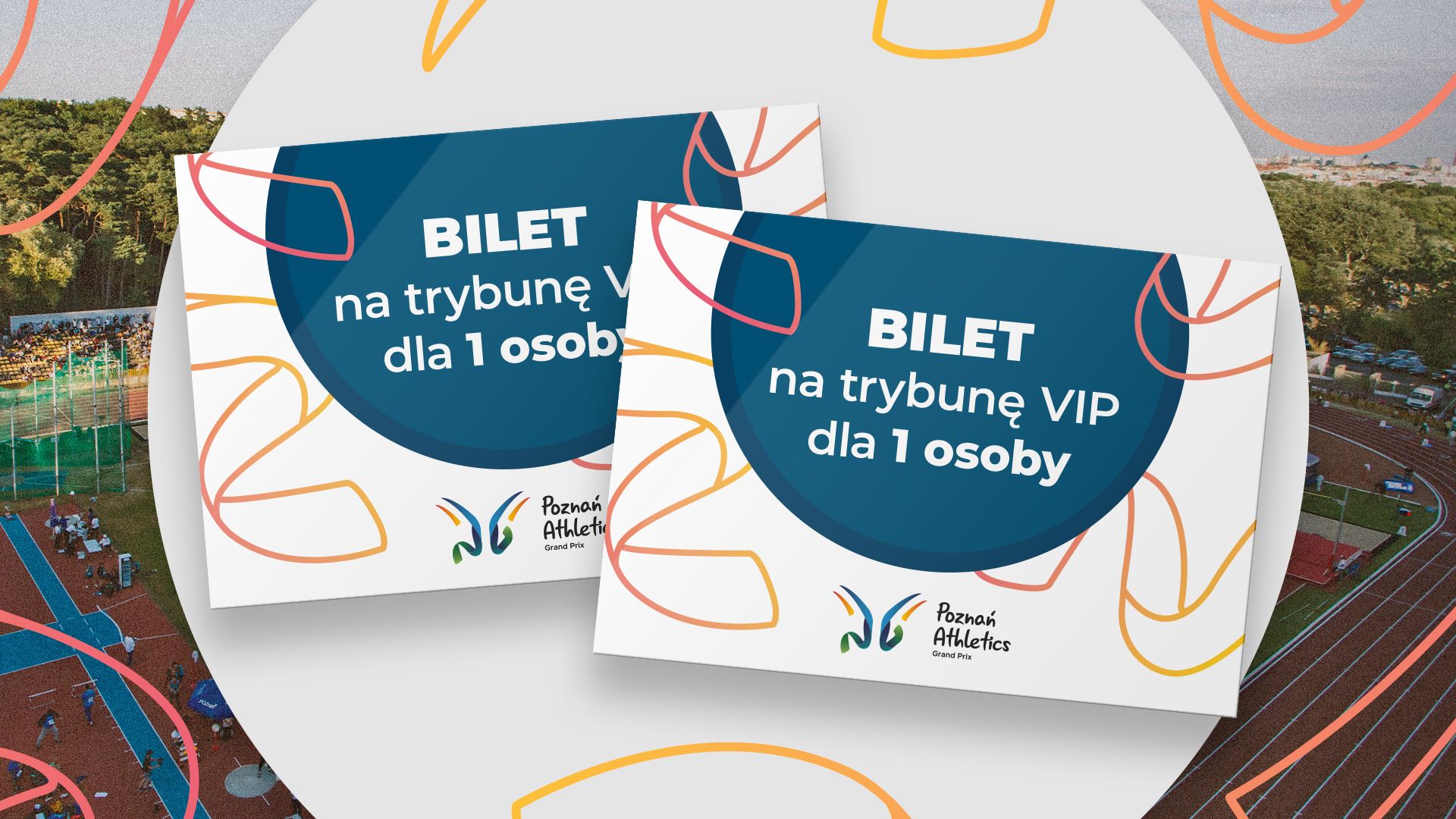 Kolaż graficzny: dwa bilety na trybunę VIP na tle stadionu POSiR Golęcin