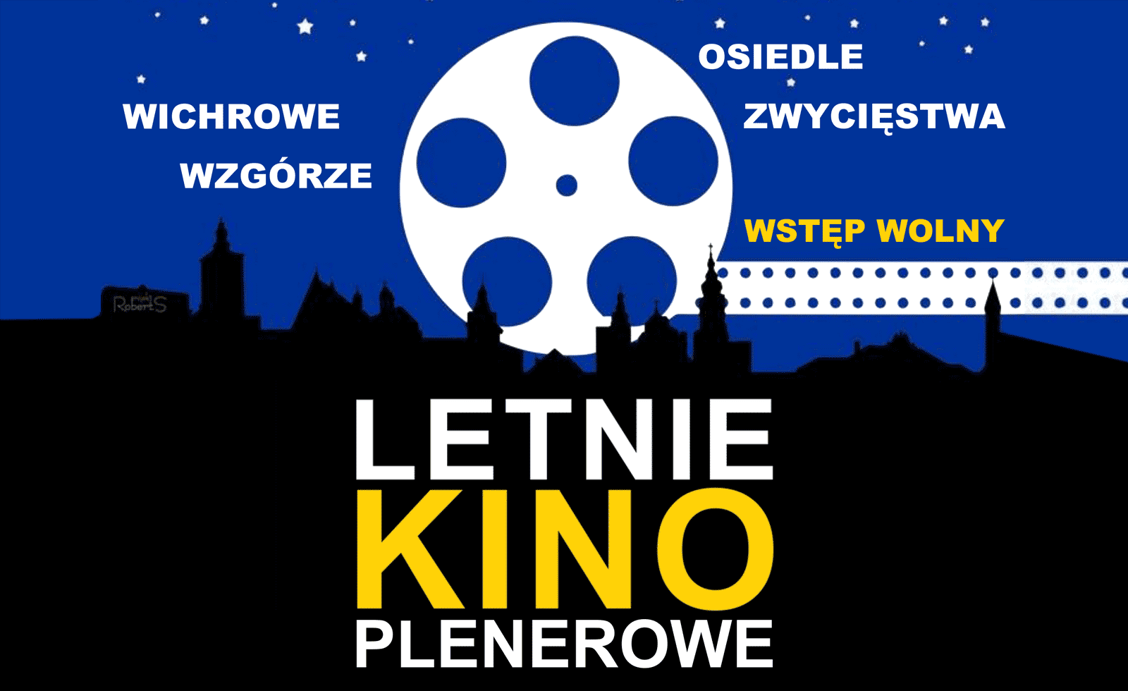 Plakat letniego kina plenerowego - sylwetki budynków na tle rozgwieżdżonego nieba oraz informacje o seansie