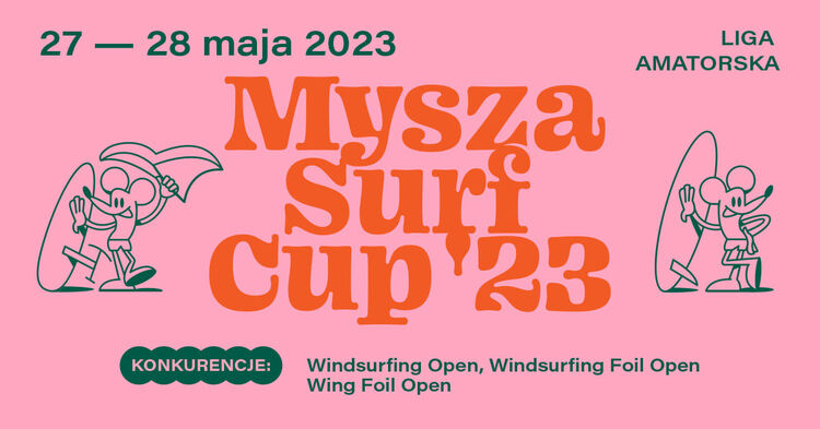 Grafika promująca Mysza Surf Cup' 23, z wizerunkiem myszy trzymającej deskę do windsurfingu.