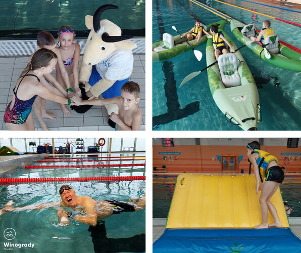 Kolaż 4 zdjęć z basenu Winogrady - dzieci bawią się z koziołkiem maskotką - dzieci w kajakach - pływający mężczyzna - dziecko na dmuchanym torze przeszkód