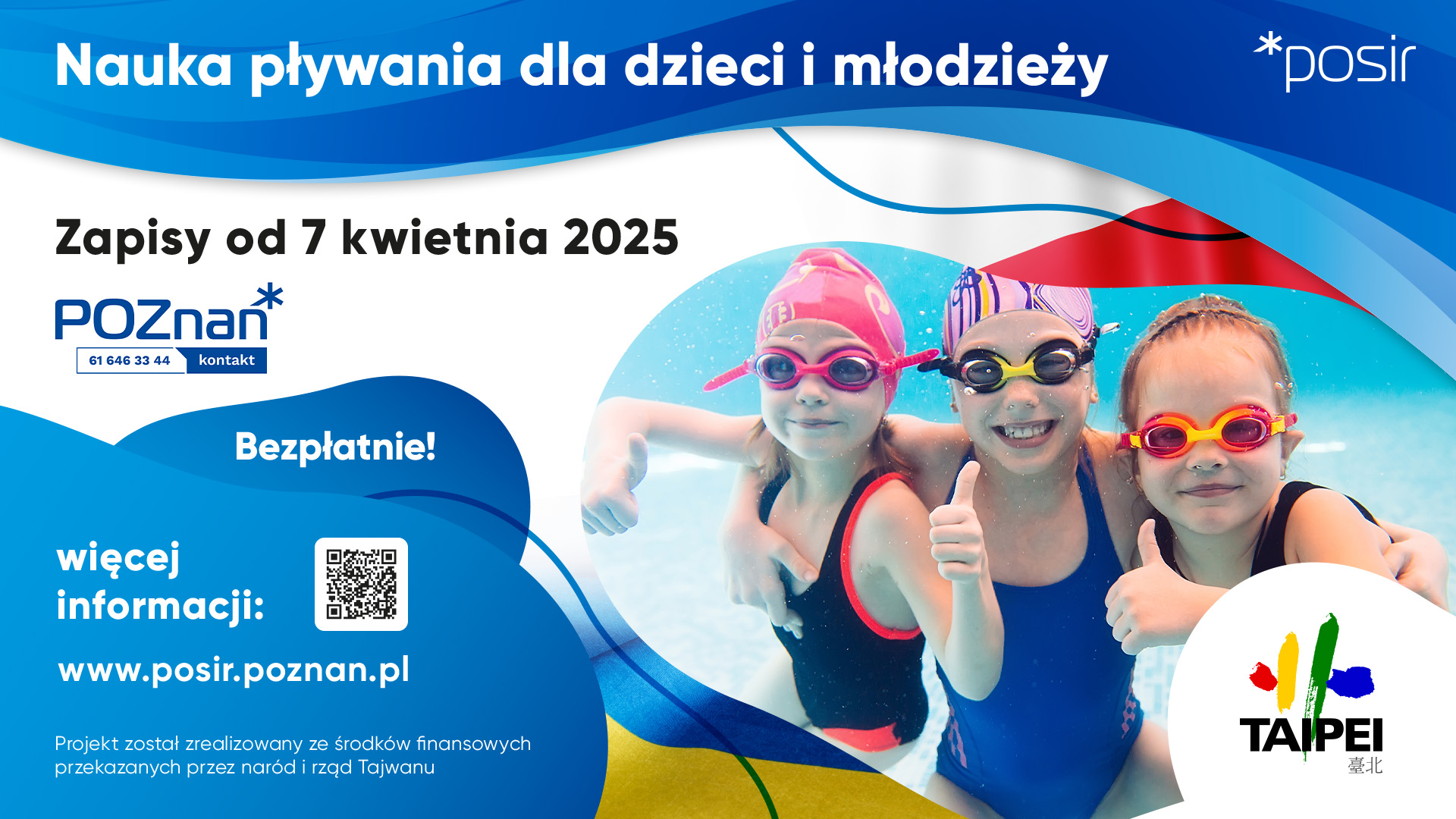  dzieci nurkują w basenie. Na grafice jest tekst zawierający podstawowe informacje o zajęciach.