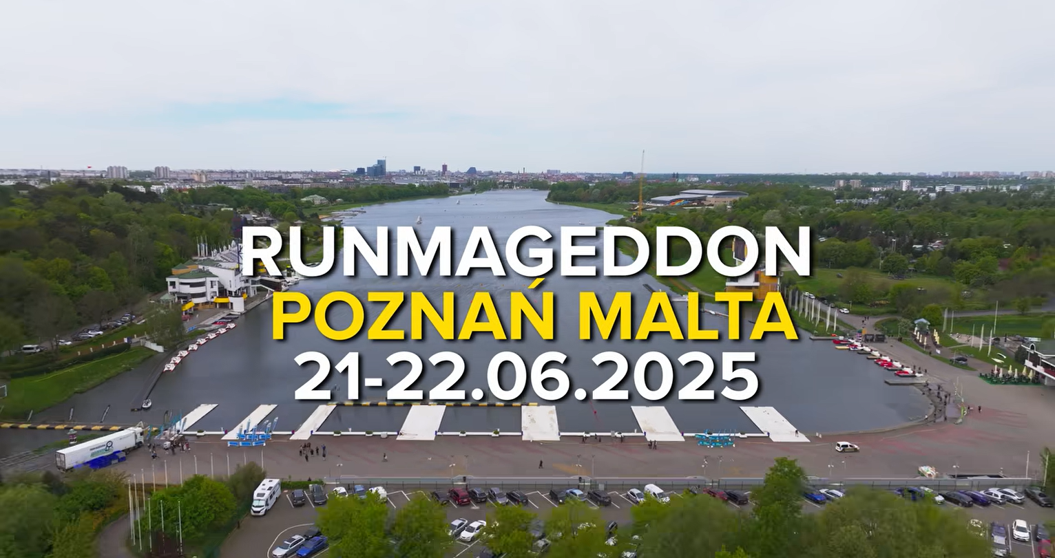 Zdjęcie przedstawia jezioro Malta i teren betonowy z nazwą Runmagedon Poznań Malta 21 do 22 czerwca 2025