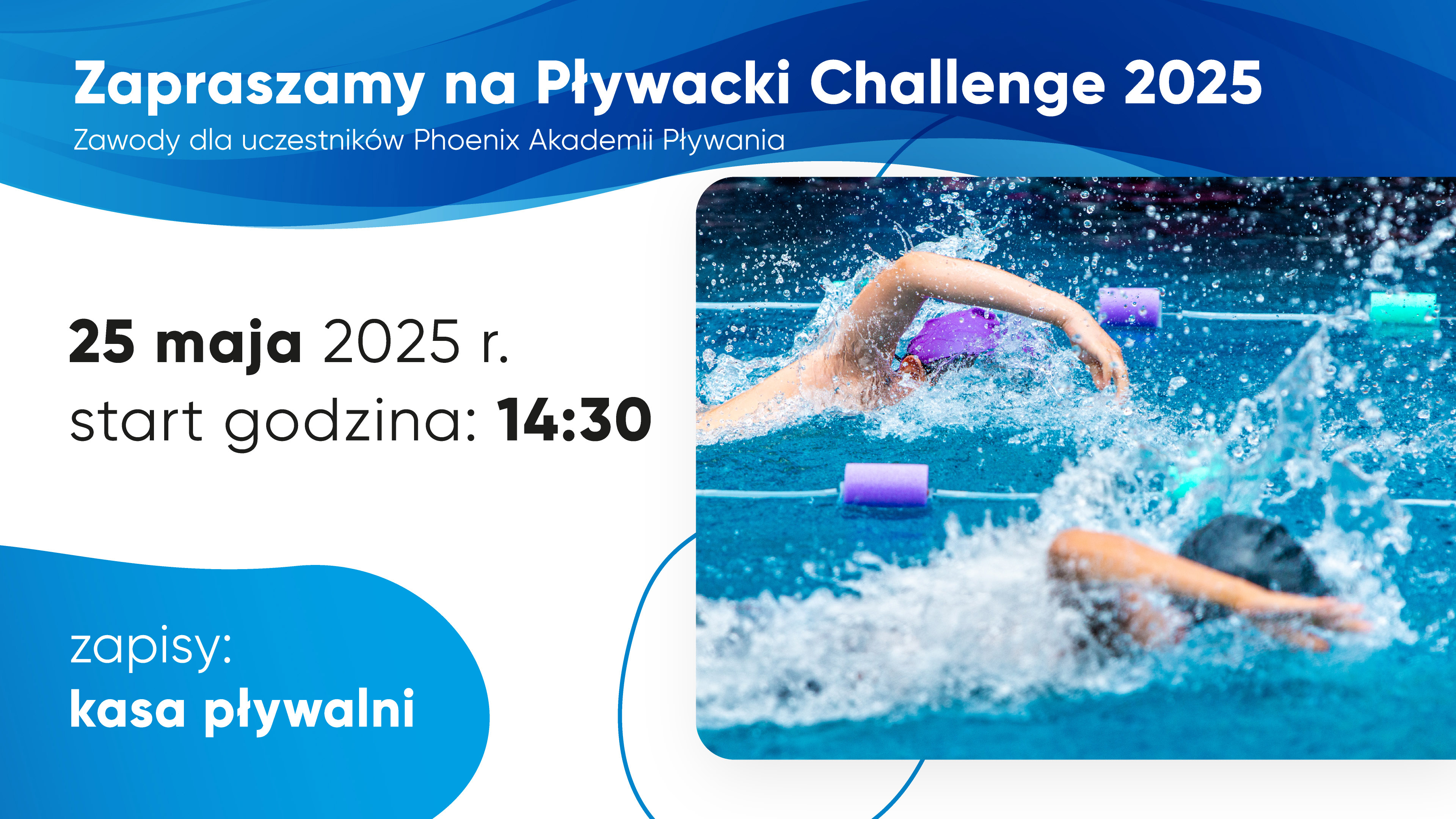 Grafika promująca Pływacki Challenge na Pływalni Chwiałka.