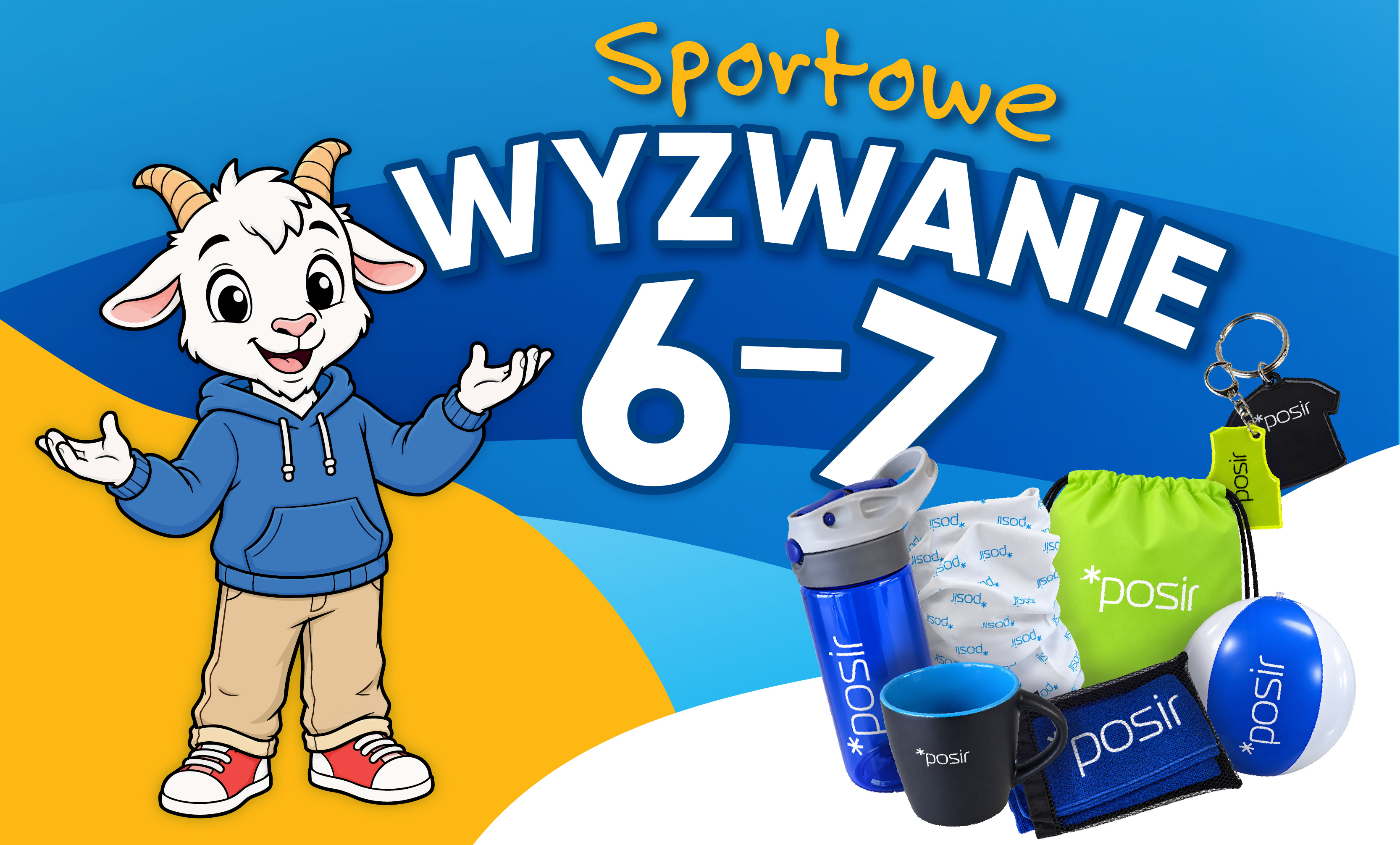 Koziołek oraz nagrody: bidon, ręcznik, brelok, kubek, worek, piłka, buff