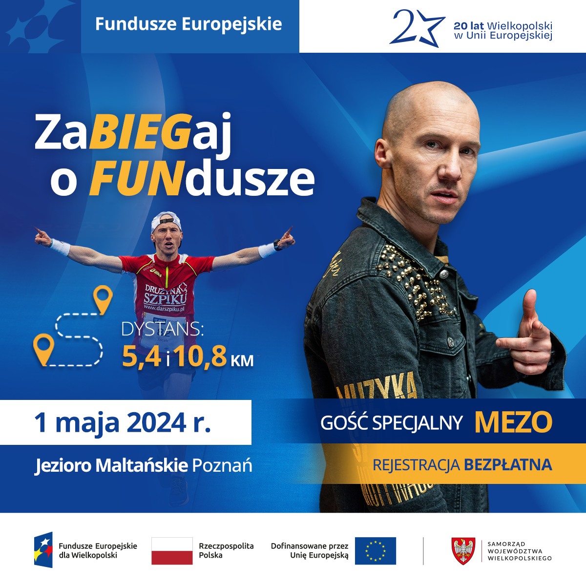 Plakat wydarzenia pod nazwą "ZaBIEGaj o FUNdusze" na którym znajduje się data i lokalizacja biegu. Grafika przedstawia rapera MEZO - gwiazdę imprezy, która po biegu da koncert.