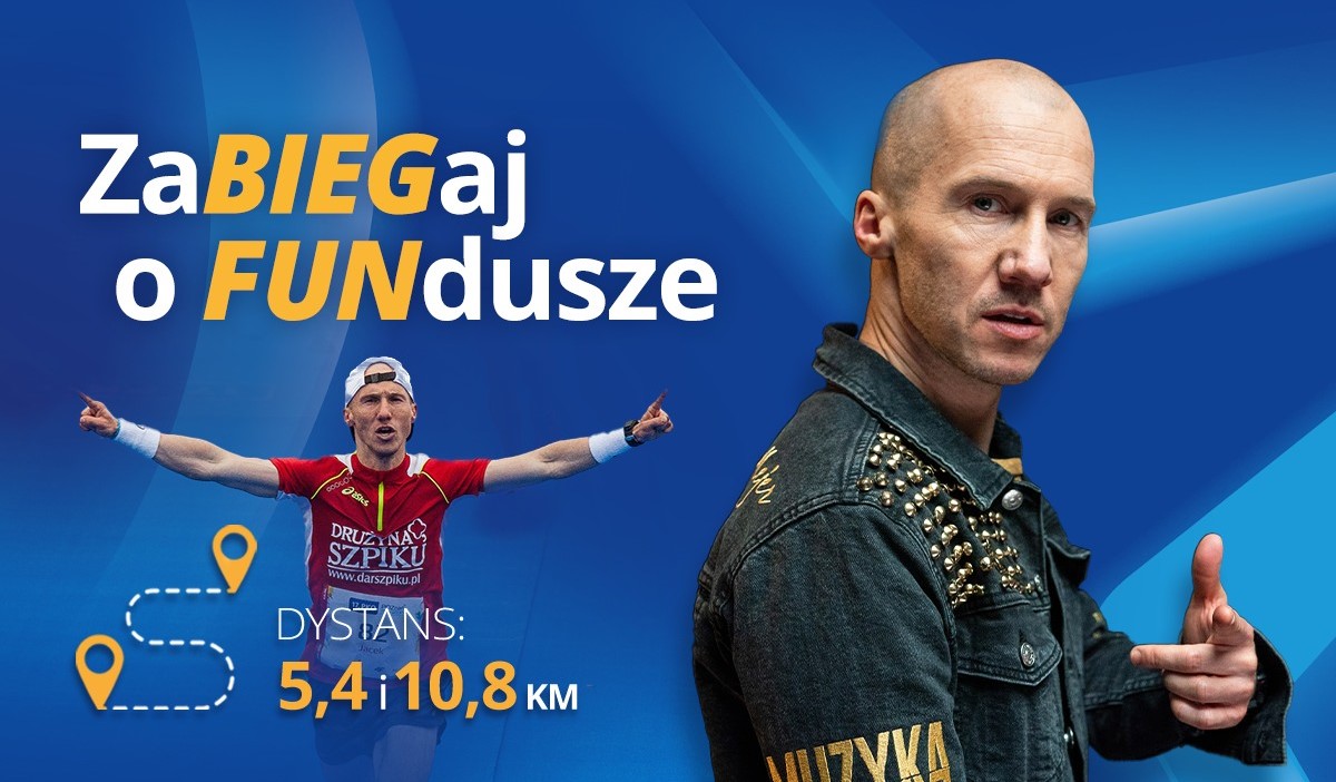 Plakat wydarzenia pod nazwą "ZaBIEGaj o FUNdusze" na którym znajduje się data i lokalizacja biegu. Grafika przedstawia rapera MEZO - gwiazdę imprezy, która po biegu da koncert.