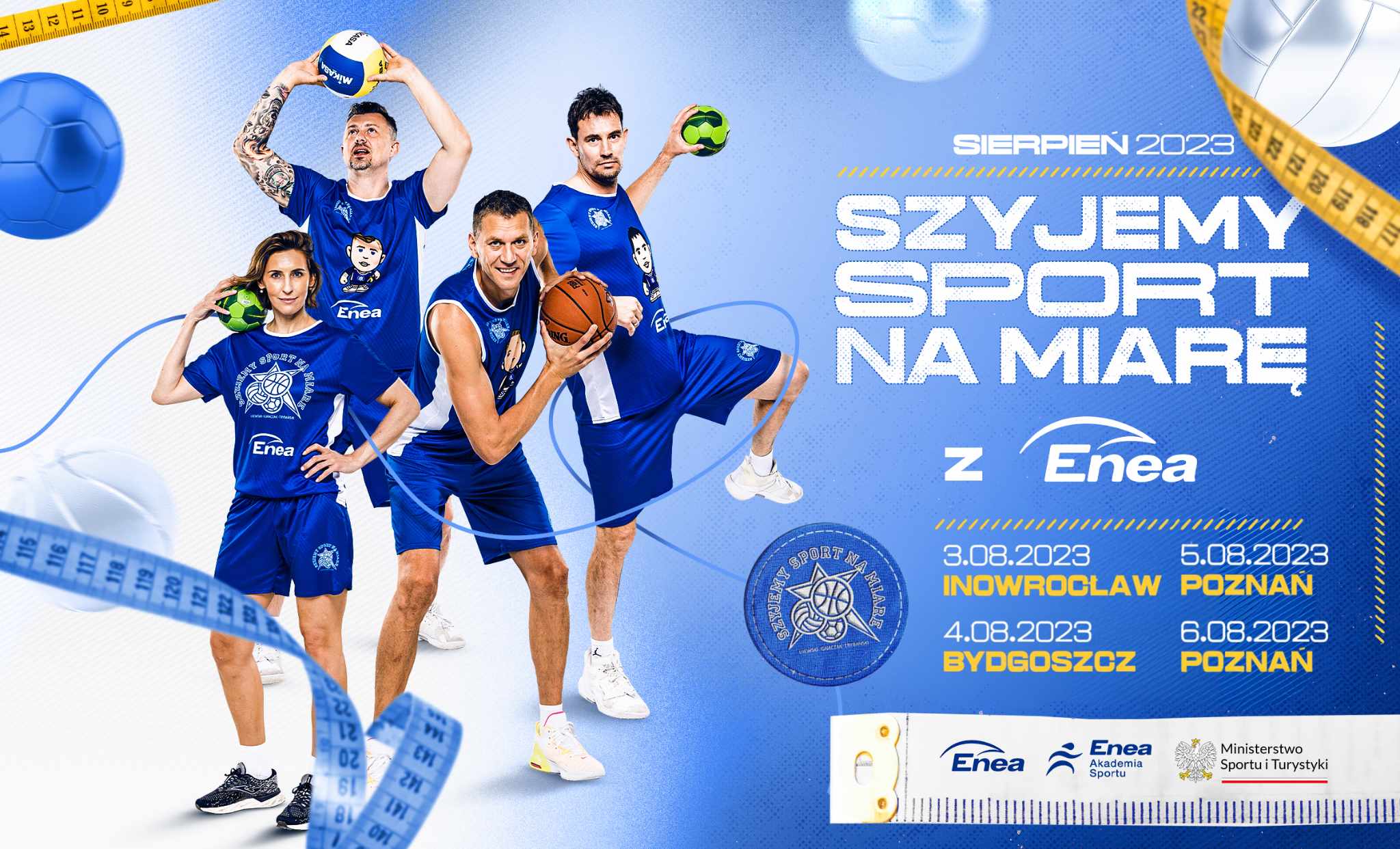 Grafika promująca wydarzenie zawierająca zdjęcia sportowców oraz logotypy sposorów