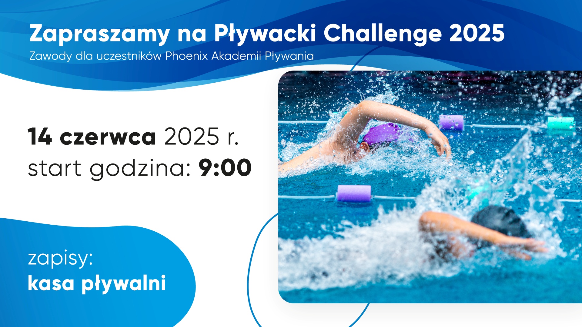 Plakat wydarzenia pod nazwą "Pływacki Challange 2025"